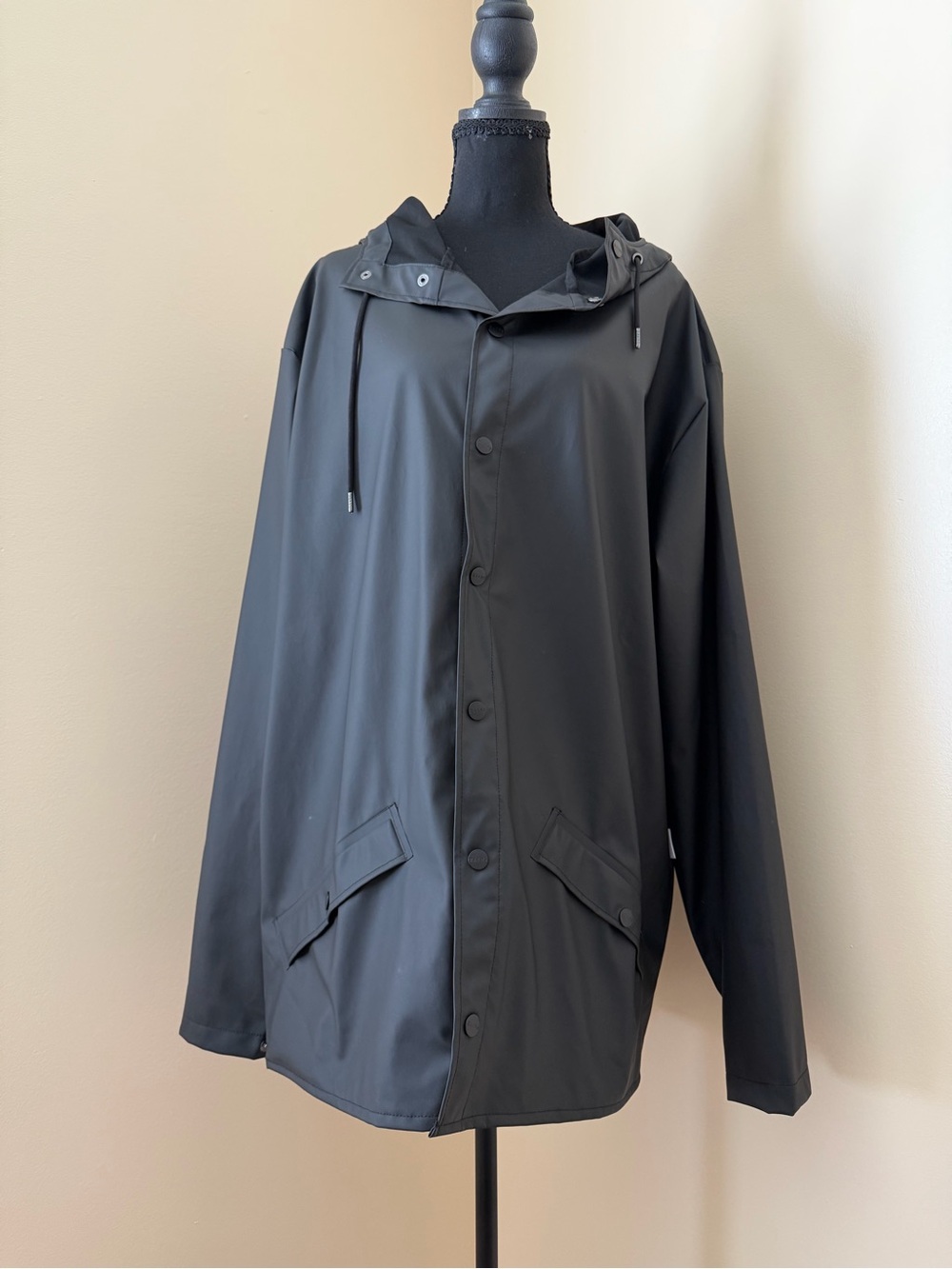 Rains Men’s Black Hooded Raincoat with Snap Closure